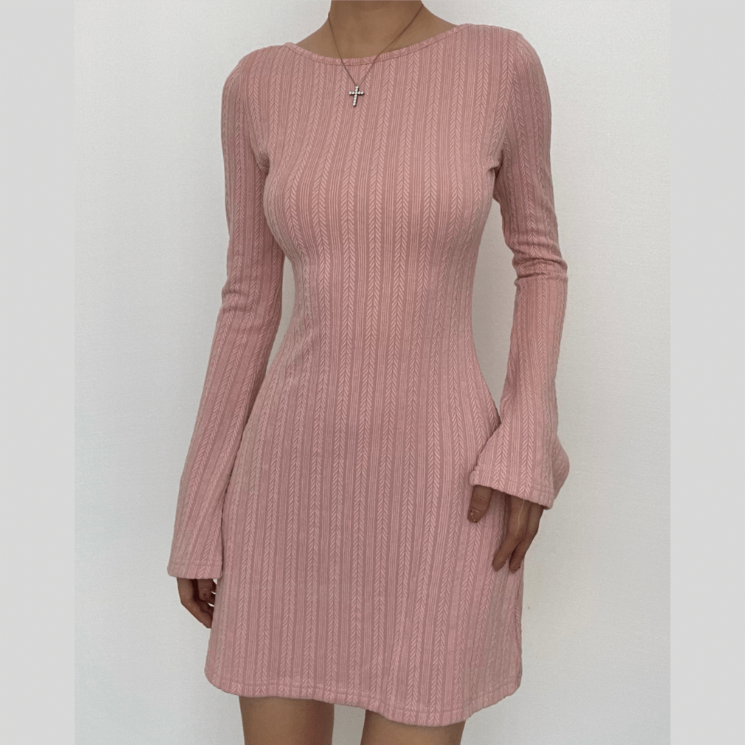 Boat Neck Textured Knit Long Sleeve Bodycon Mini Dress 4