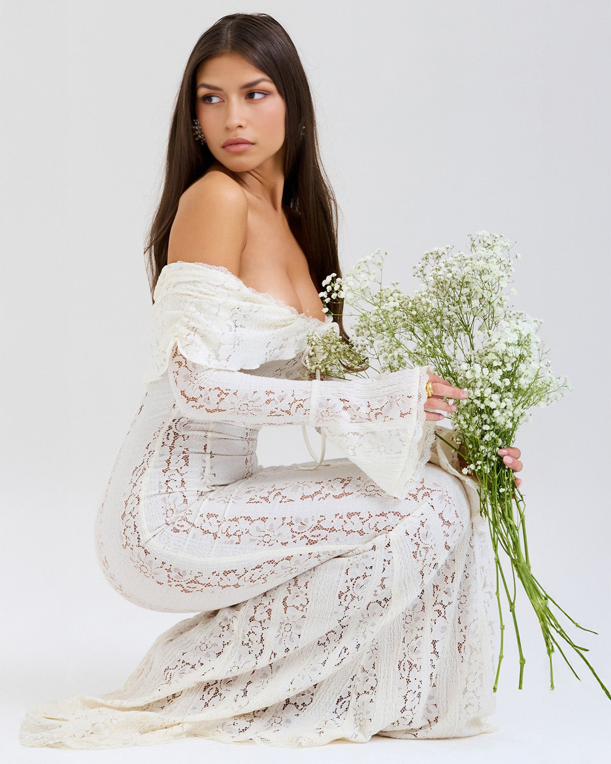 Off Shoulder Lace Ruffle Collar Bell Cuff Mermaid Maxi Gown 5
