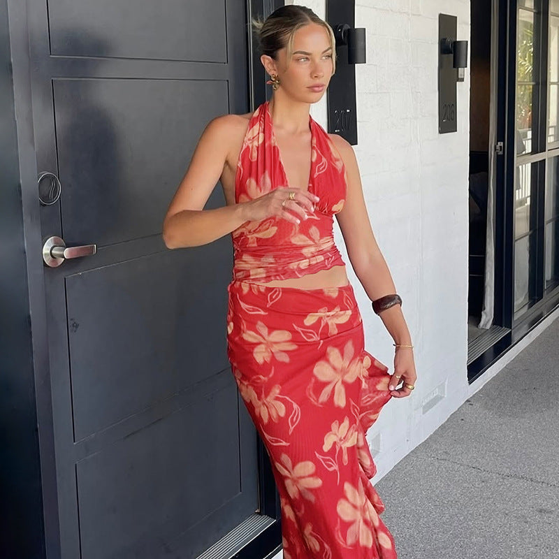Halter Plunging V Neck Floral Ruched Ruffle Side Slit Maxi Set 5