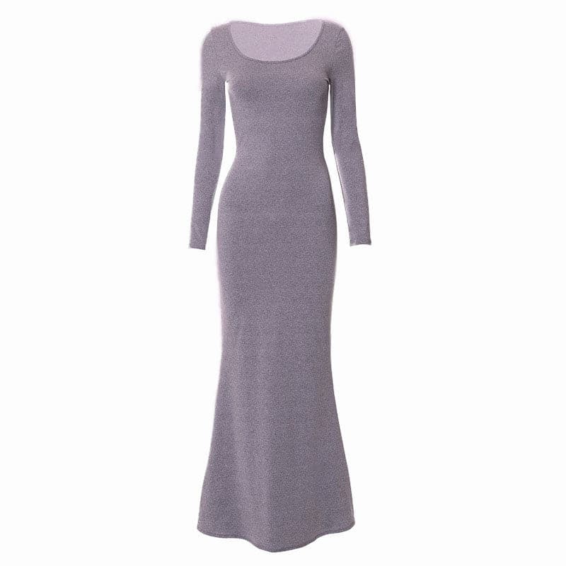 Scoop Neck Long Sleeve Mermaid Hem Knit Bodycon Maxi Dress 13