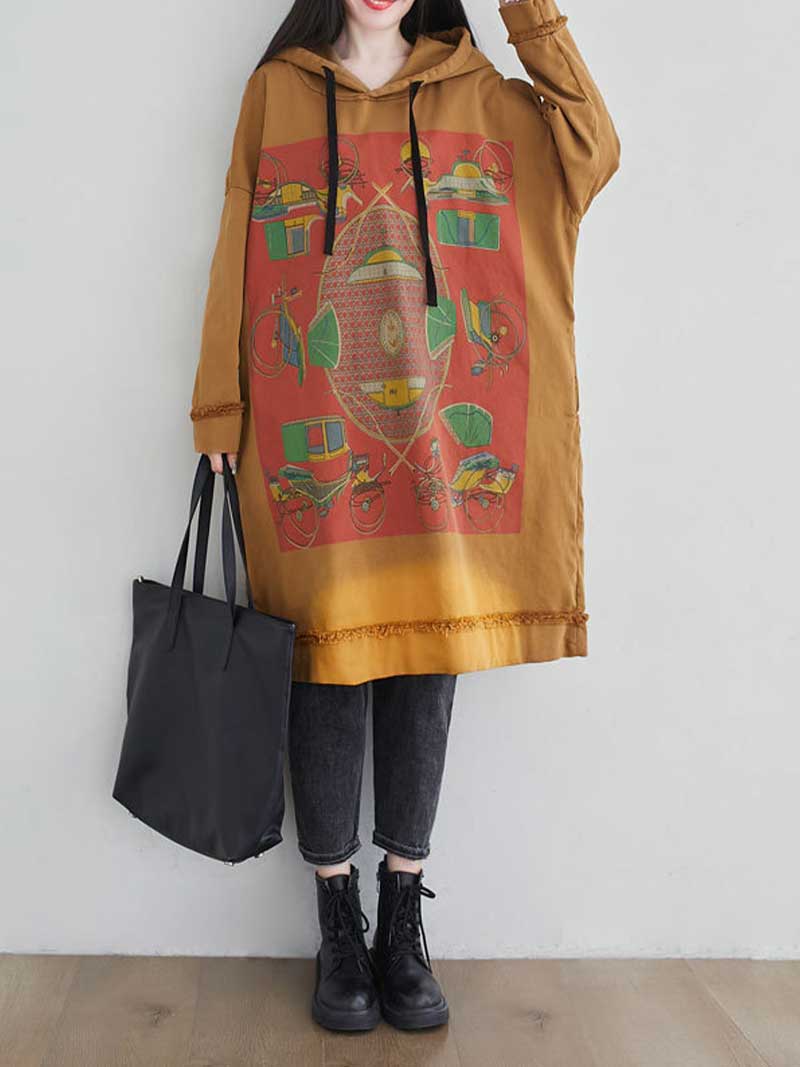 Hooded Drawstring Frayed Hem Graphic Print Oversized Sweatshirt Midi Dress 2