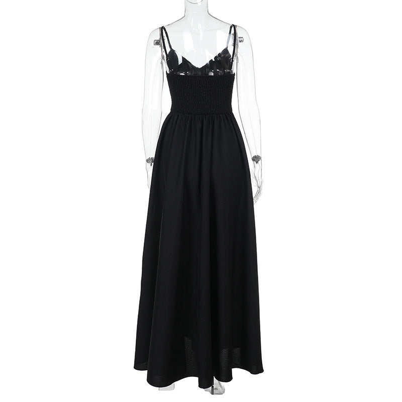 Spaghetti Strap V Neck Dropped Waist Gathered Front Slit Maxi Dress 5