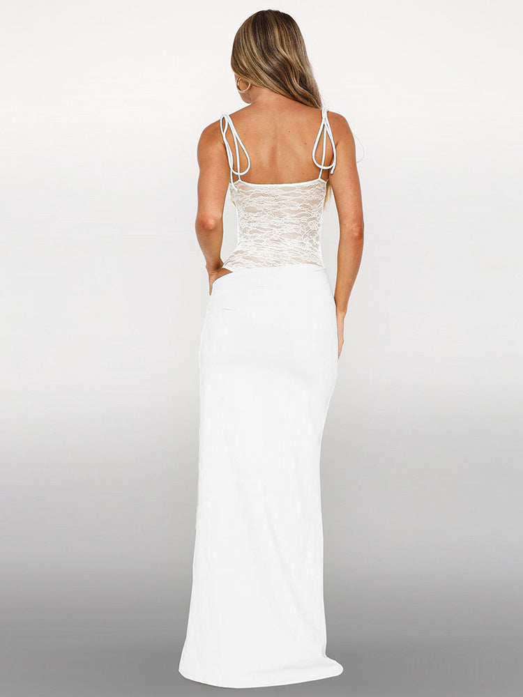 Spaghetti Strap Bandeau Asymmetrical Lace Midriff Draped Hip Maxi Dress 5
