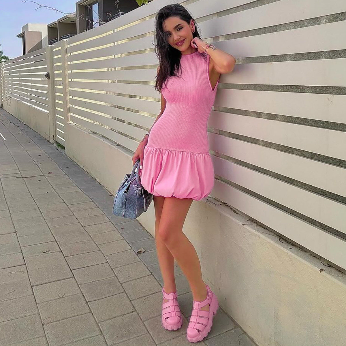 Mock Neck Sleeveless Ribbed Knit Drop Waist Bubble Hem Mini Dress 5