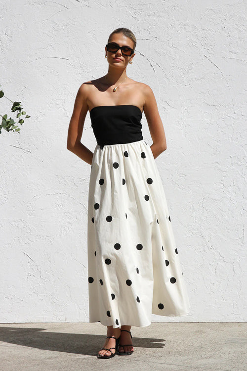 Strapless Polka Dot Gathered Waist Tiered Maxi Dress