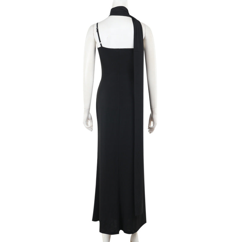 Cowl Neck Spaghetti Strap Mermaid Column Maxi Gown With Neck Scarf 5