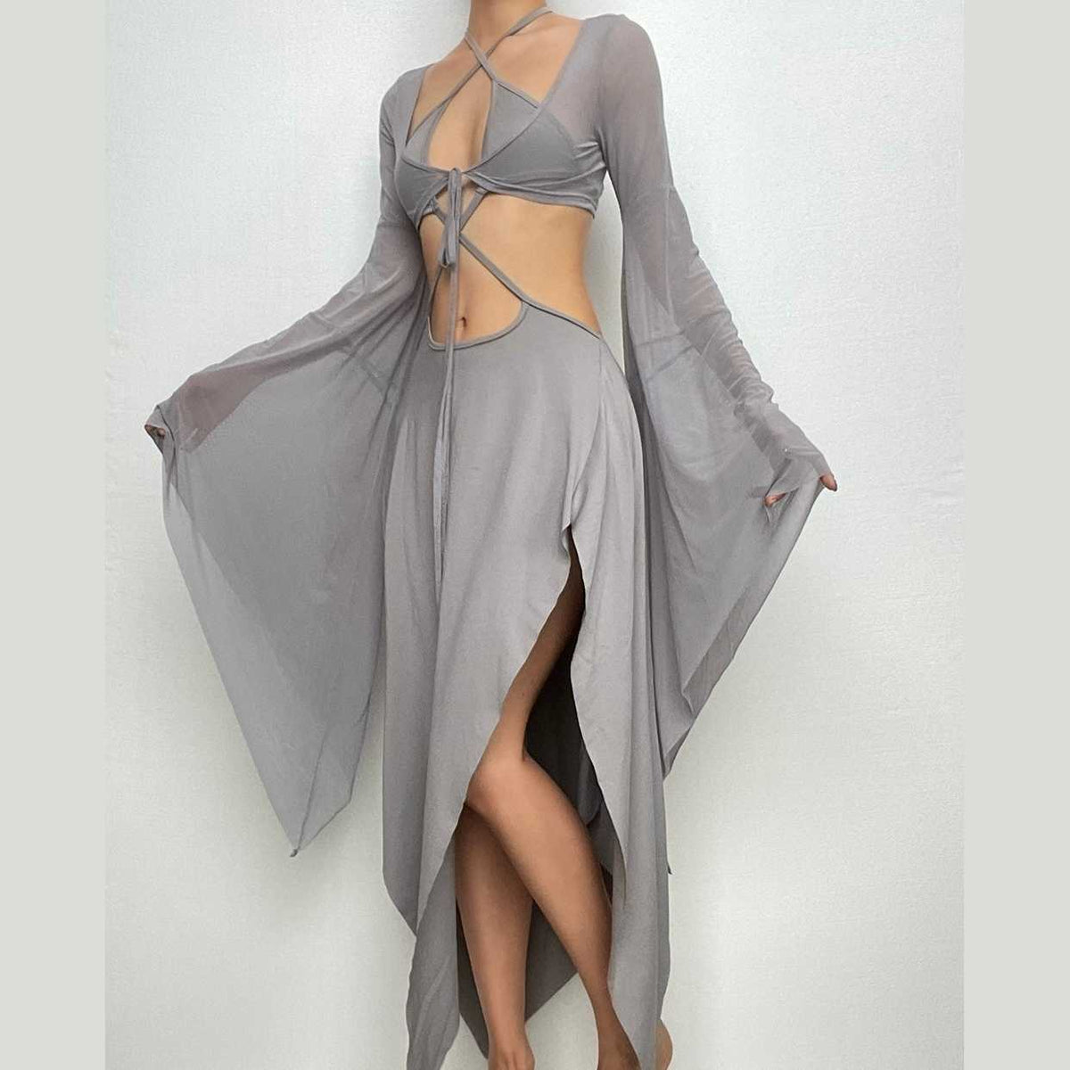 Halter Keyhole Self Tie Bell Sleeve Shrug Cutout Side Slit Handkerchief Hem Midi Dress 2