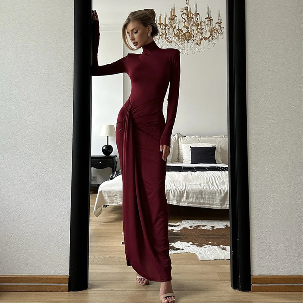 Mock Neck Long Sleeve Hip Knot Draped Panel Column Maxi Dress 5