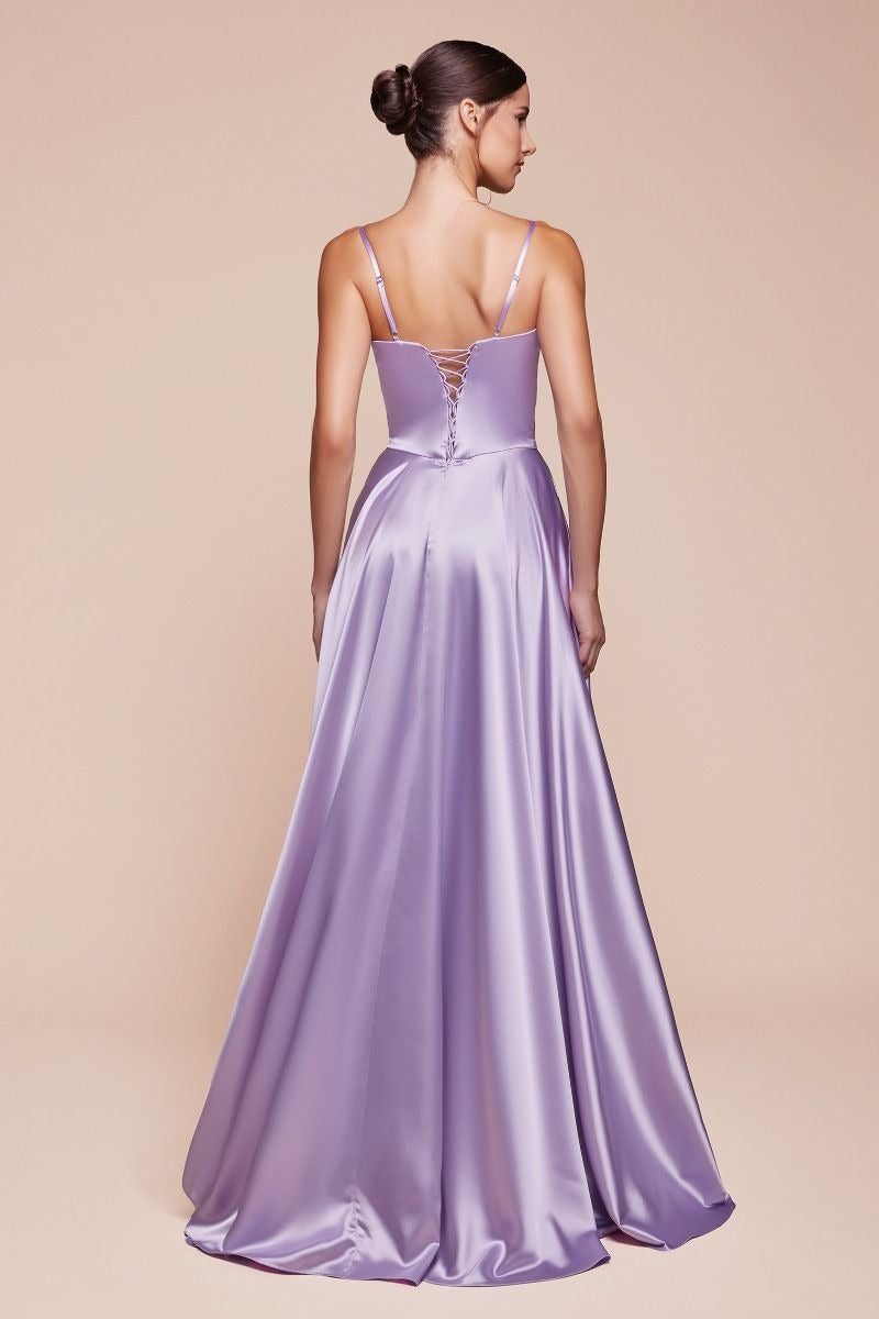 Satin Corset Sweetheart Neck Spaghetti Strap High Slit Maxi Gown 4