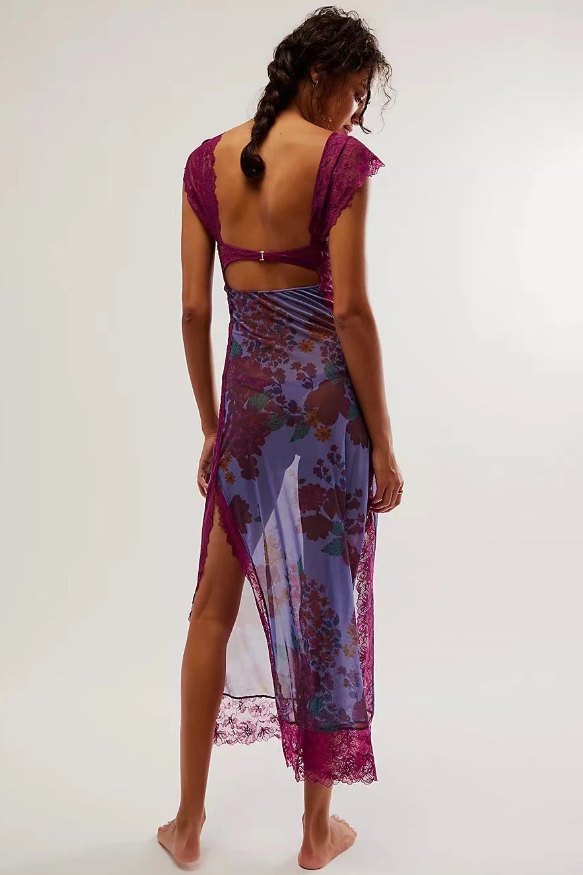 Lace Sweetheart Bodice Cut Out Flutter Sleeve Floral Print Slip Maxi Dress 6