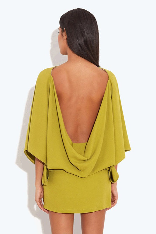 Deep Back Cowl Neck Draped Wing Sleeve Loose Mini Dress 5