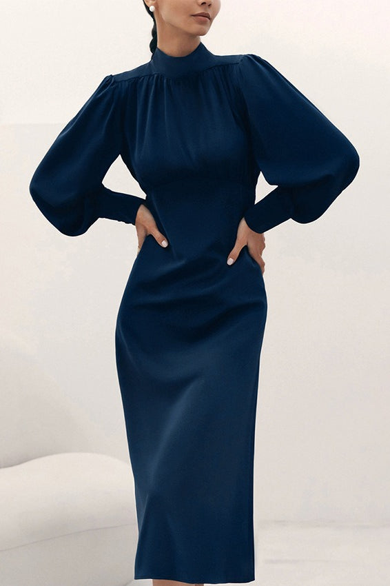 Mock Neck Bishop Sleeve Gathered Bodice High Waist A-Line Midi Dress 2