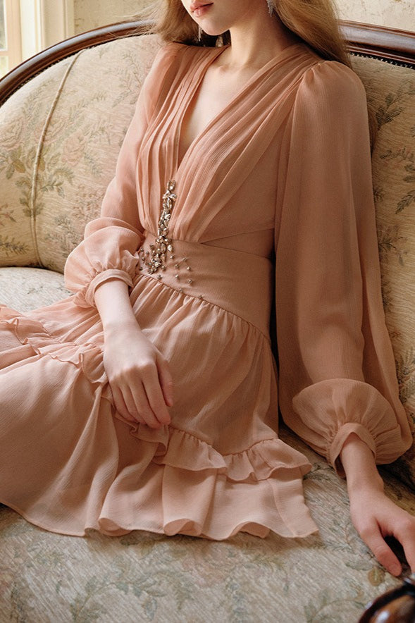 Rhinestone Deep V-Neck Bishop Sleeve Cut Out Waist Tiered Chiffon Mini Dress 4