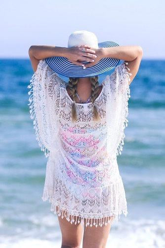 White Crochet Hollow Out Tassel V Neck Sexy Beach Cover Up Tunic