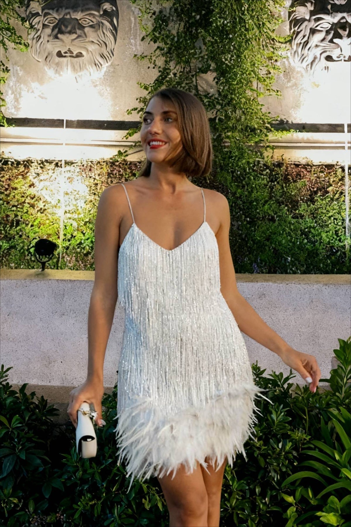 Deep V Spaghetti Strap Tiered Sequin Fringe Feather Trim Bodycon Mini Dress 2