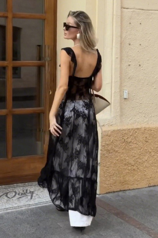Black Square Neck Ruffle Trim Sheer Lace Ribbon Tie Maxi Dress 3