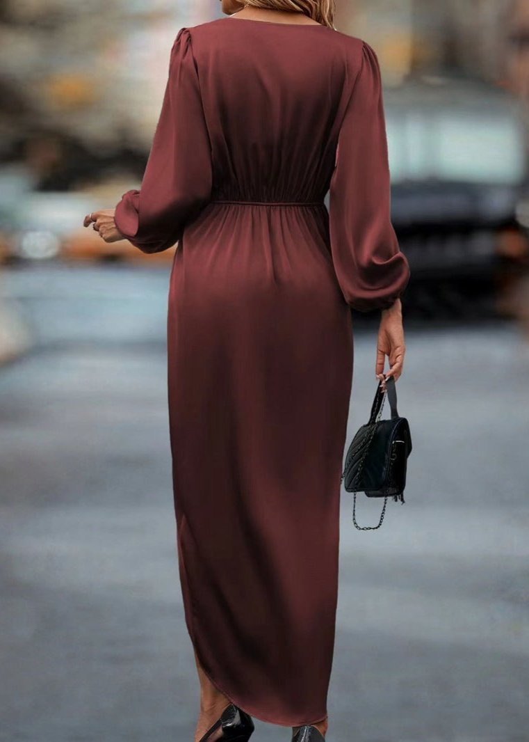 Wrap V-Neck Bishop Sleeve Twist-Waist Draped Midi Dress 3