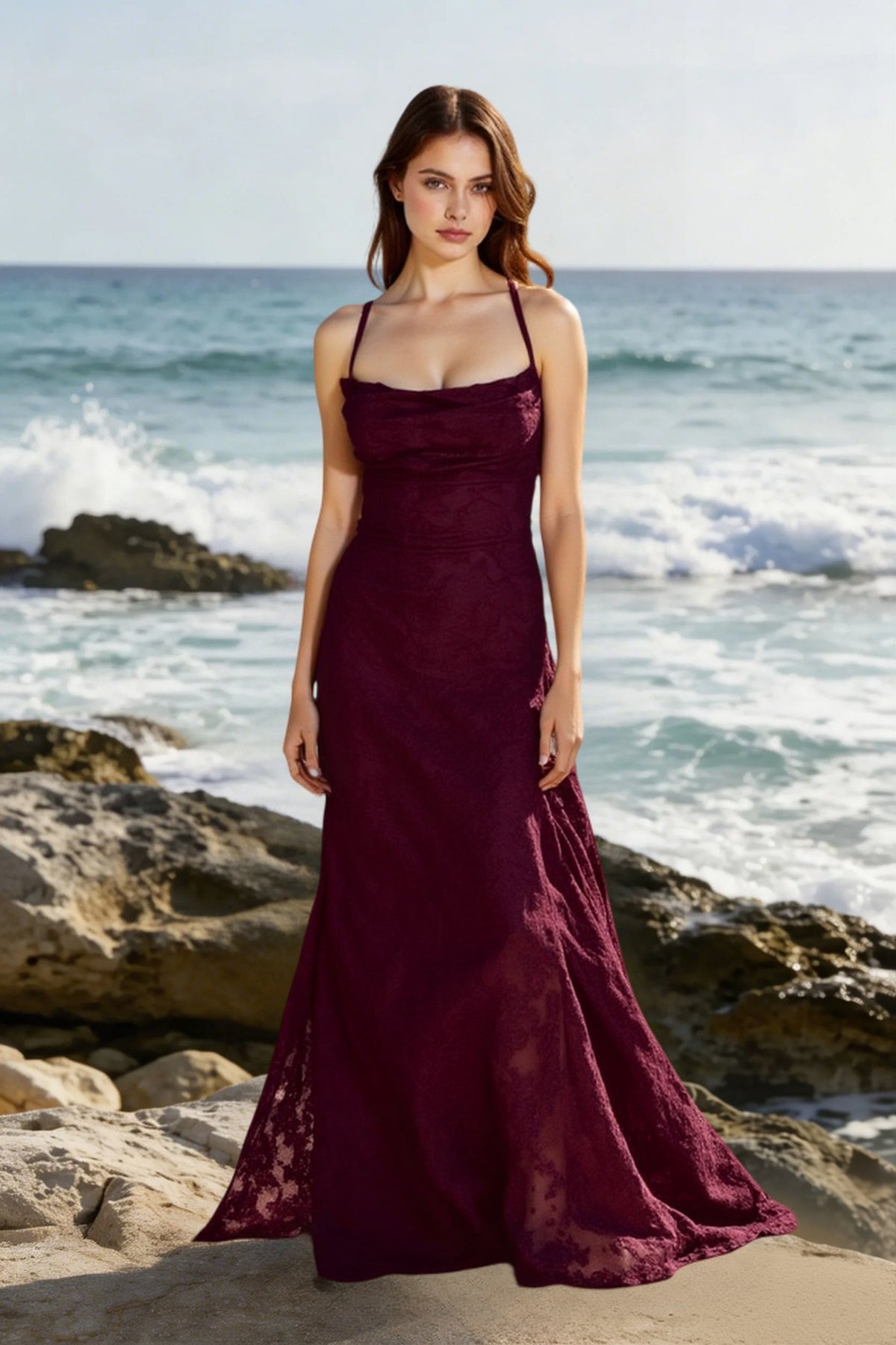Spaghetti Strap Cowl Neck Floral Lace Floor Length Gown