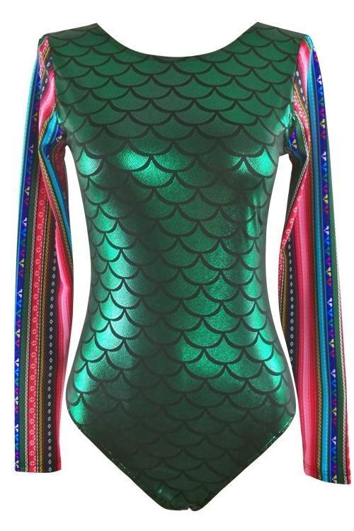 Green Scale Tribal Print Full Coverage Modest Mermaid One Piece Swimsuit