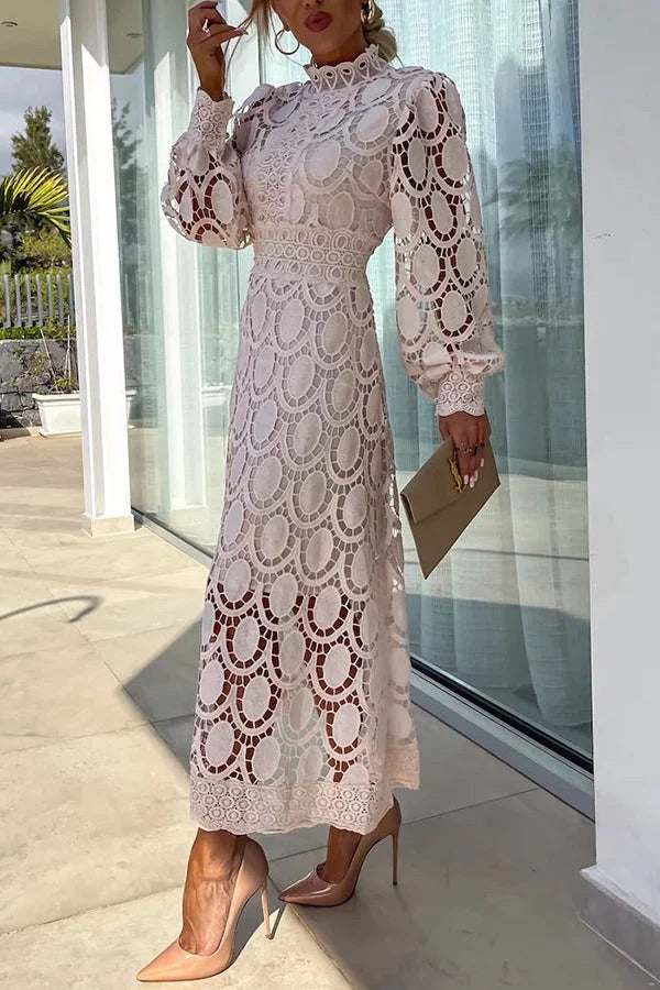 Guipure Lace Mock Neck Lantern Sleeve Scalloped Hem Hollow Out Midi Dress 9