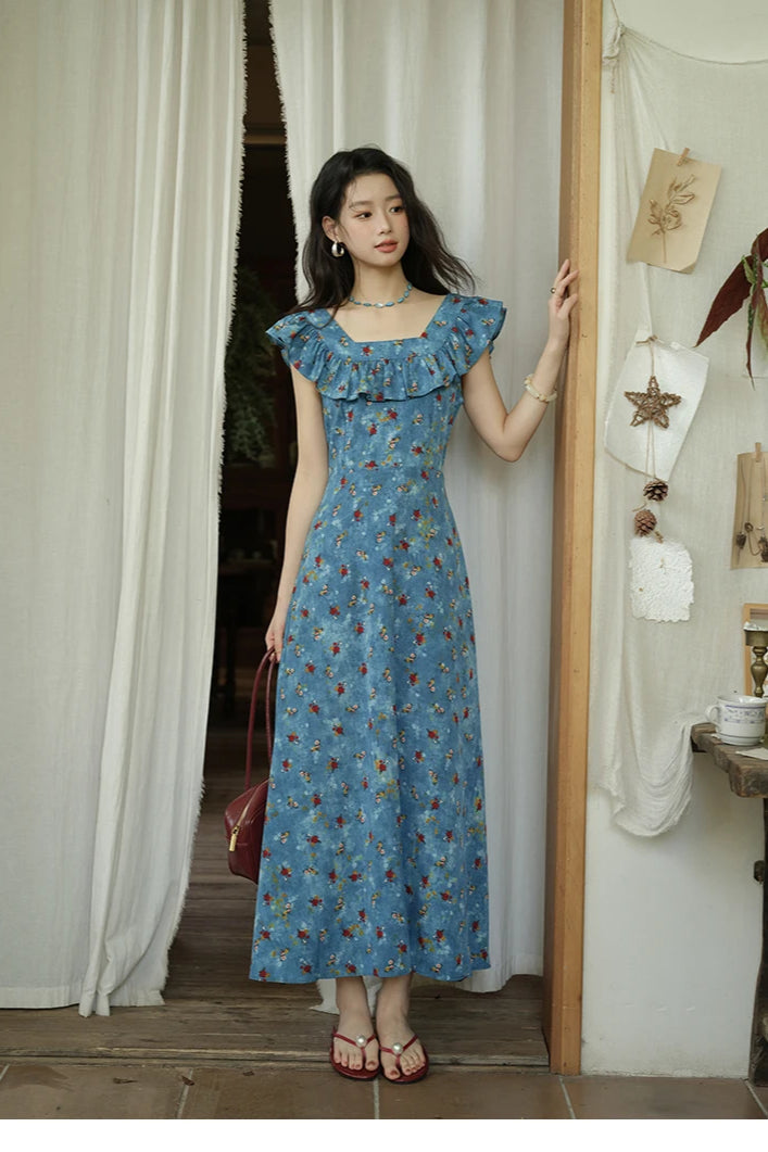 Floral Print Ruffle Trim V-Neck Cap Sleeve Fit and Flare Maxi Summer Dress 6