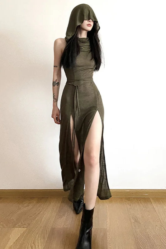 Hooded Cowl Neck Tie-Waist Double Slit Sleeveless Midi Dress