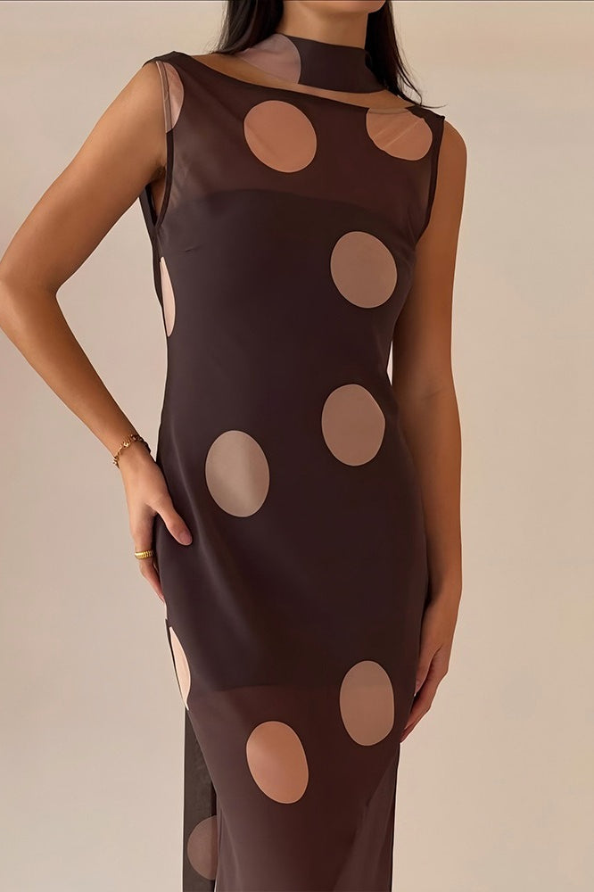 Sheer Mesh Polka Dot Scarf Collar Boat Neck Maxi Dress 2