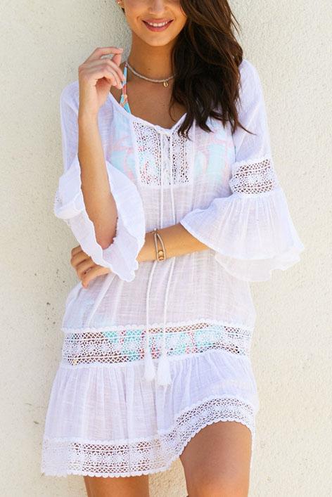 White Crochet Hollow Out Flare Sleeve Ruffle Beach Cover Up Tunic