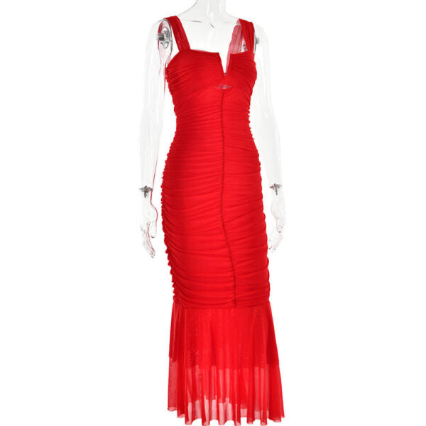 Square Neck Ruched Keyhole Tiered Ruffle Mermaid Maxi Dress 6