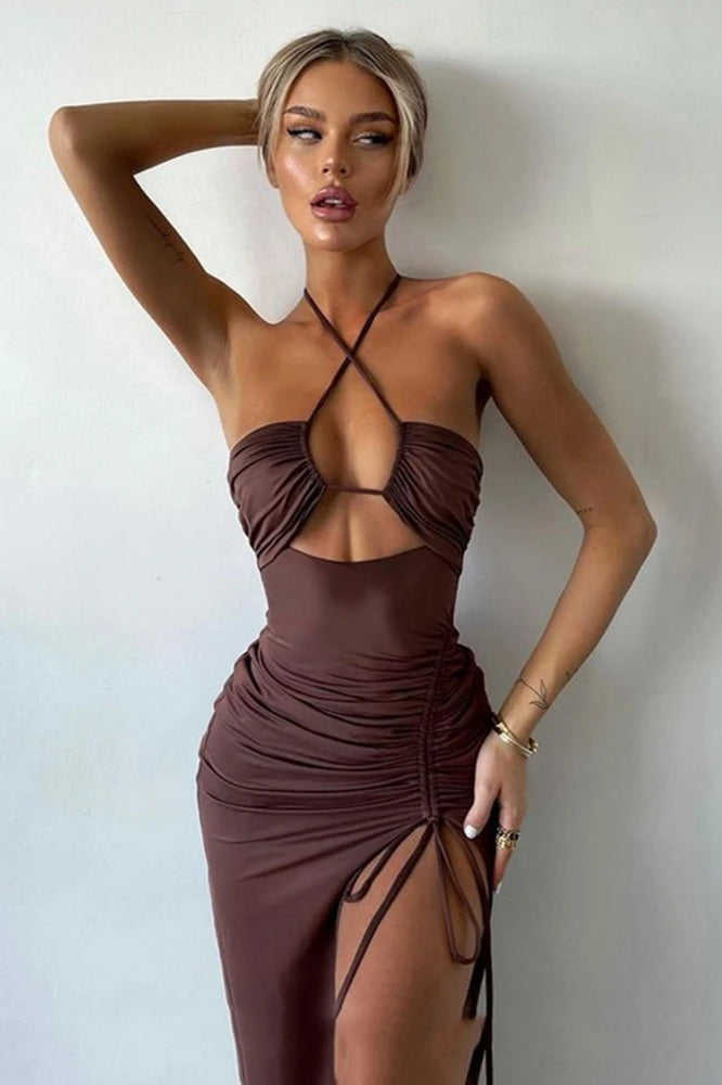 Halter Crossover Cutout Midriff Ruched Drawstring Side Slit Bodycon Midi Dress 2