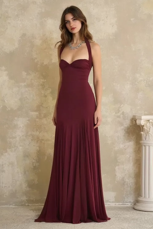Halter Neck Sweetheart Ruched Bodice Pleated Skirt Floor Length Gown 3