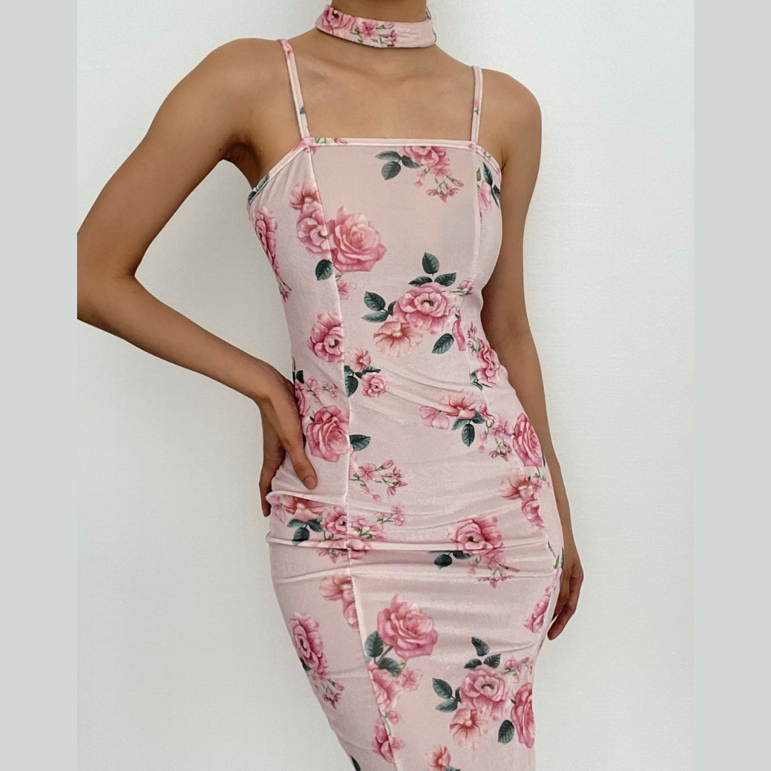 Square Neck Spaghetti Strap Print Velvet Bodycon Midi Dress