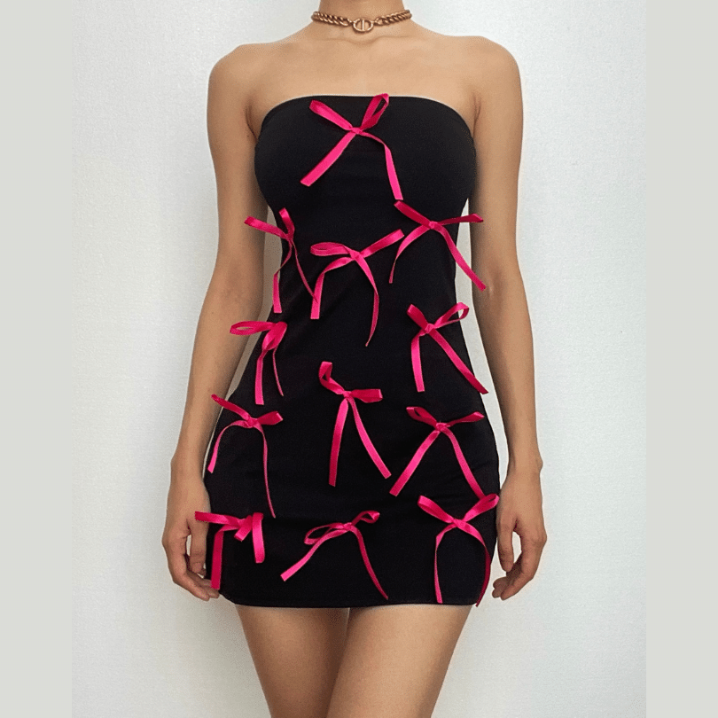 Strapless Ribbon Bow Scatter Bodycon Mini Dress