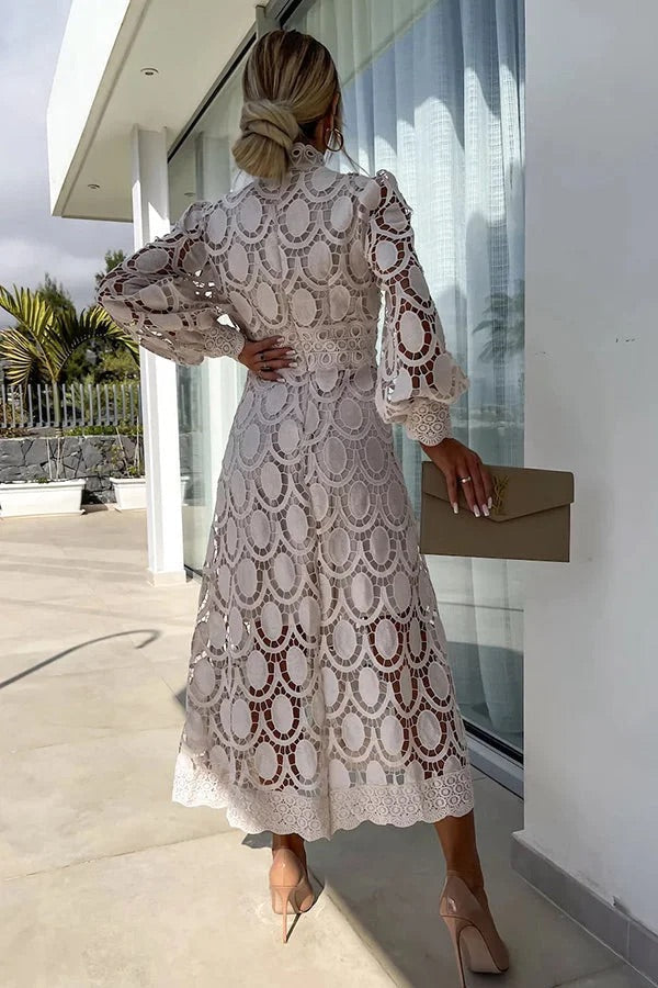 Guipure Lace Mock Neck Lantern Sleeve Scalloped Hem Hollow Out Midi Dress 11