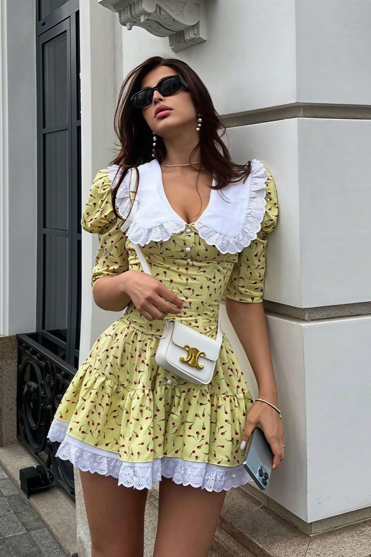 Peter Pan Collar Eyelet Lace Puff Sleeve Floral Button Front Tiered Mini Dress