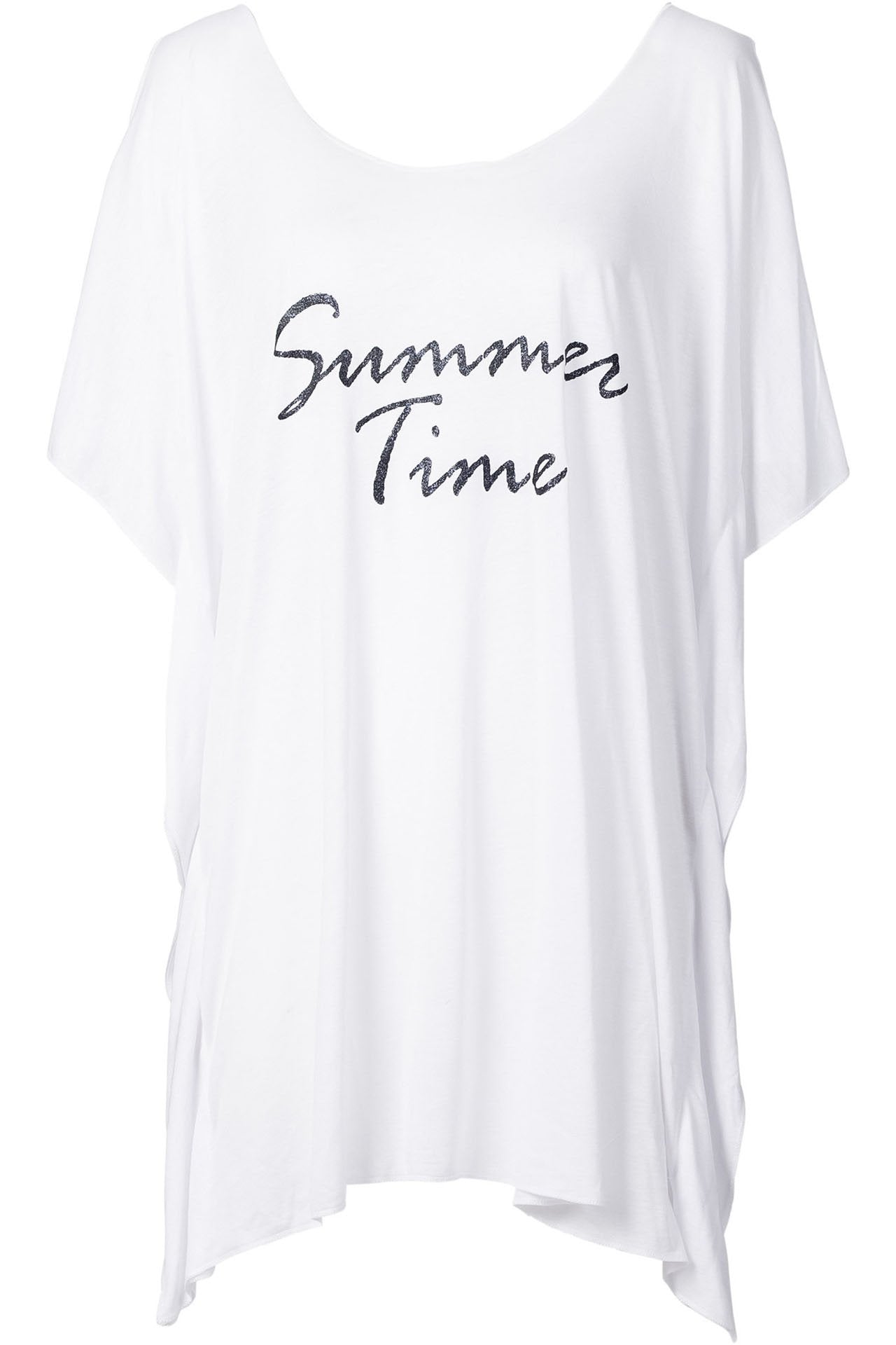 White Cold Shoulder Letter Print Asymmetric T Shirt Dress Beach Cover Up