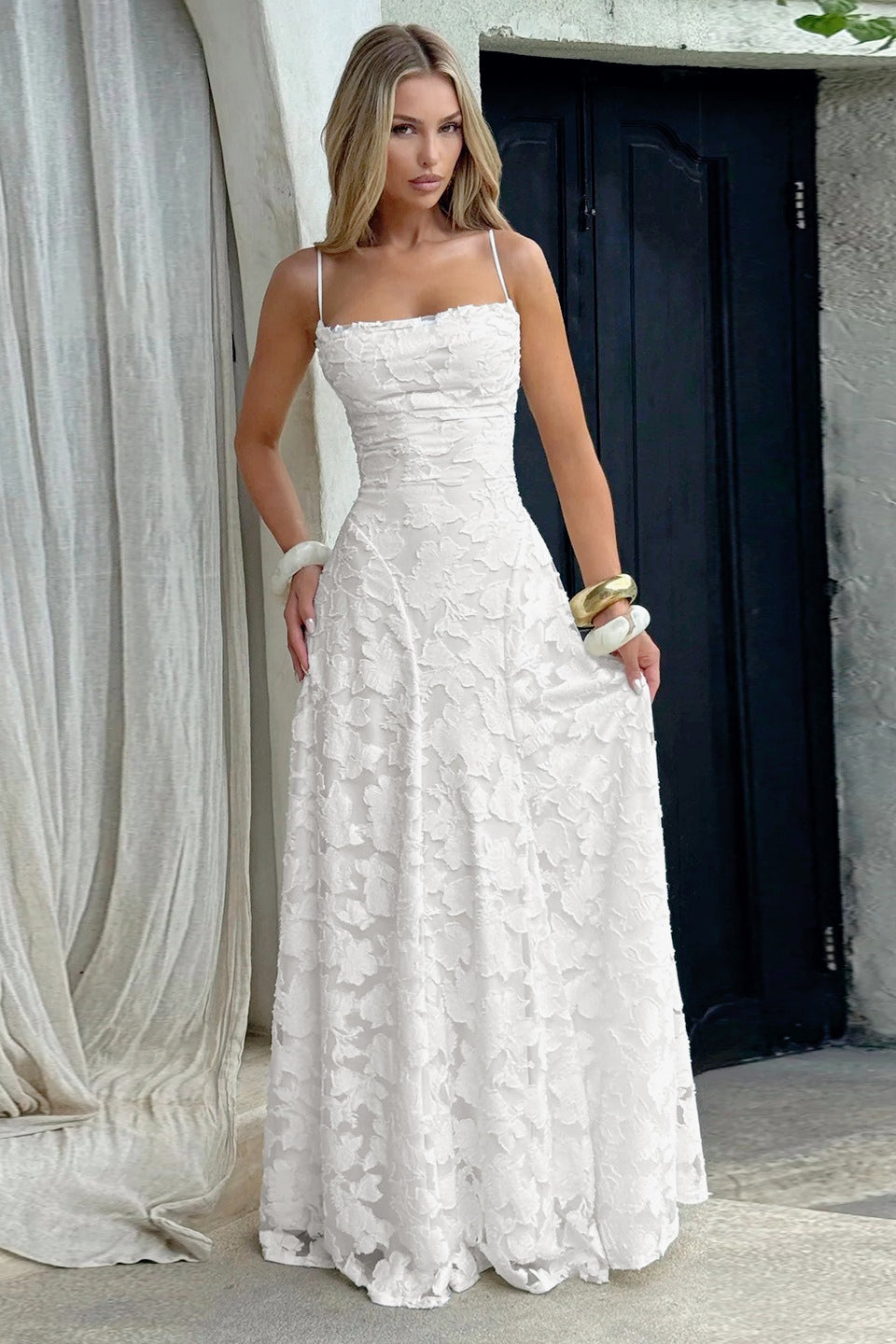 3D Floral Lace Applique Square Neck Spaghetti Strap A-Line Maxi Gown 3