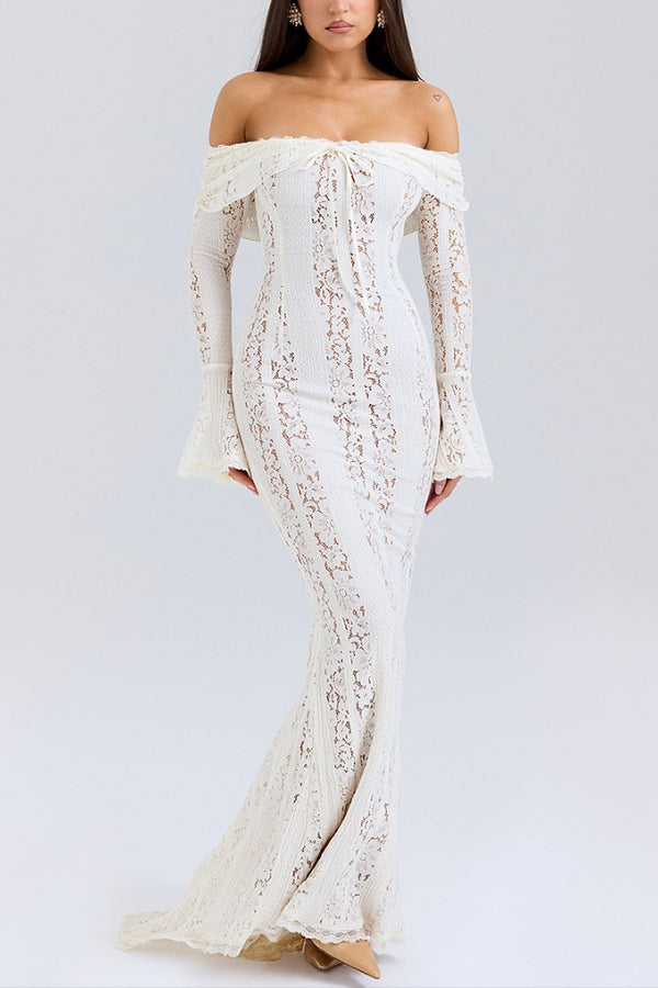 Floral Lace Off Shoulder Bell Sleeve Mermaid Maxi Dress 7