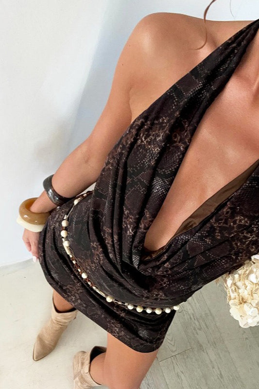 Snakeskin Print Halter Cowl Neck Bodycon Mini Dress 2