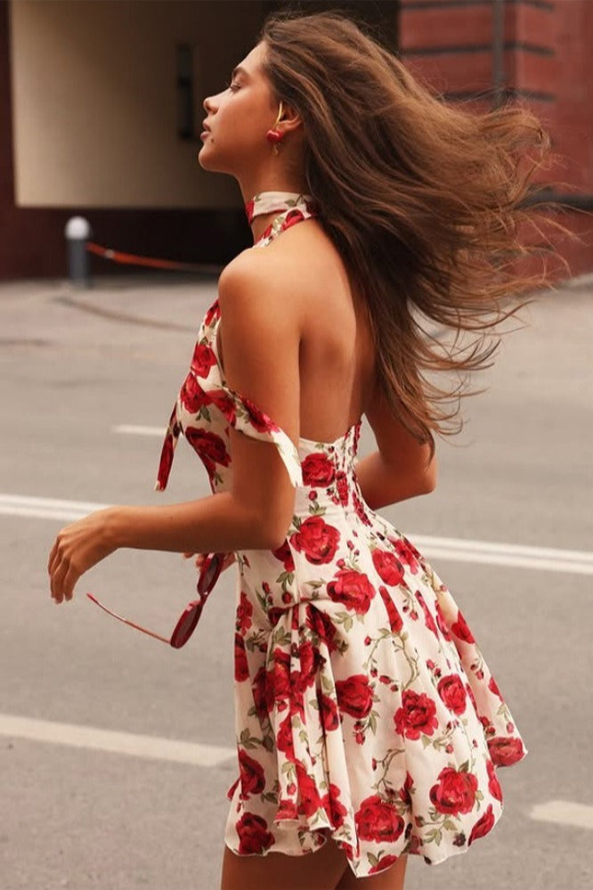 Print Halter Neck Tie Strap Deep V-Neck Backless Mini Dress 3