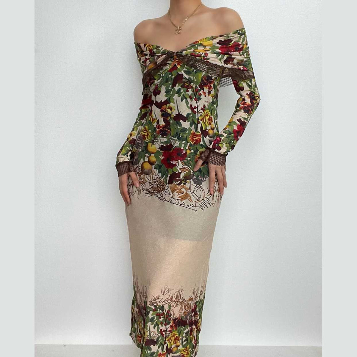 Off Shoulder Deep V Print Mesh Cuff Long Sleeve Maxi Dress