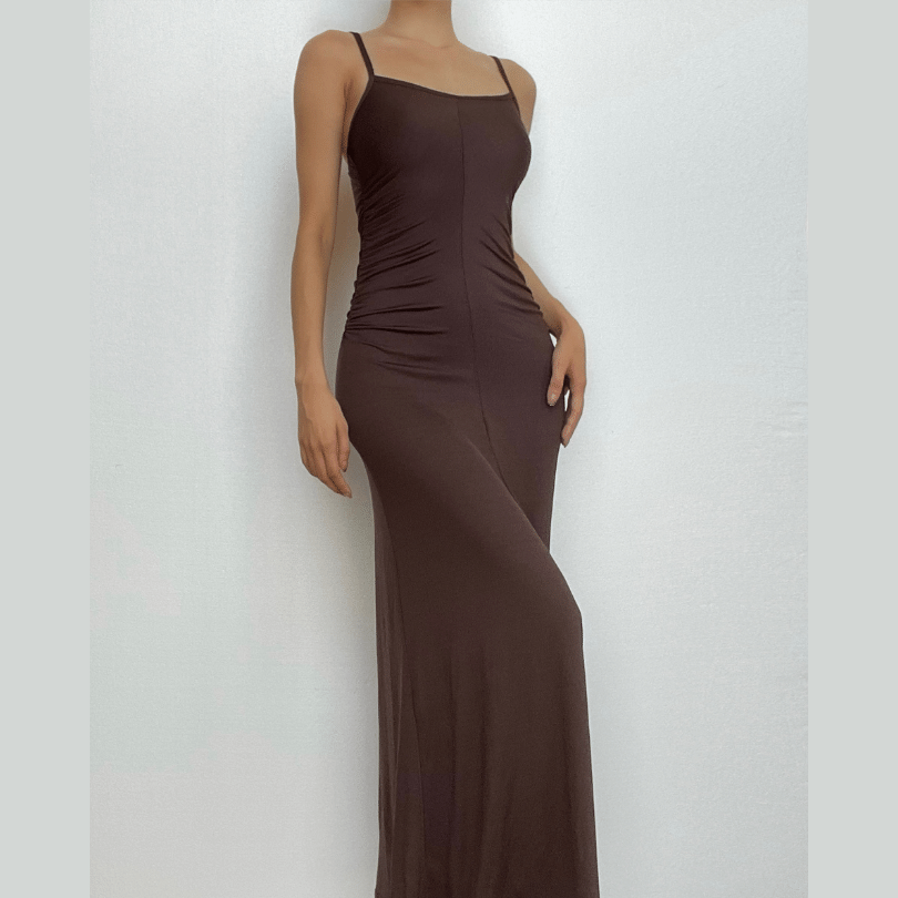 Spaghetti Strap Side Ruched Bodycon Floor-Length Maxi Dress