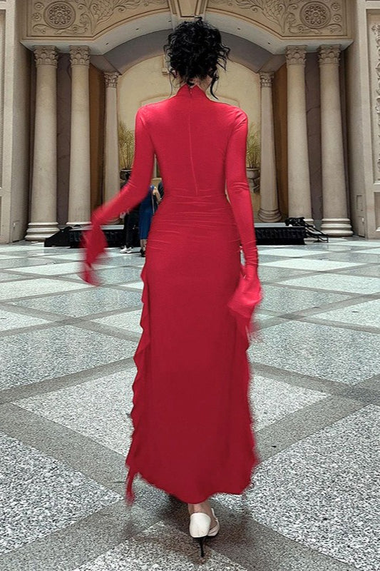 Crew Neck Ruched Long Sleeve Integrated Glove High Slit Ruffle Trim Maxi Dress 4