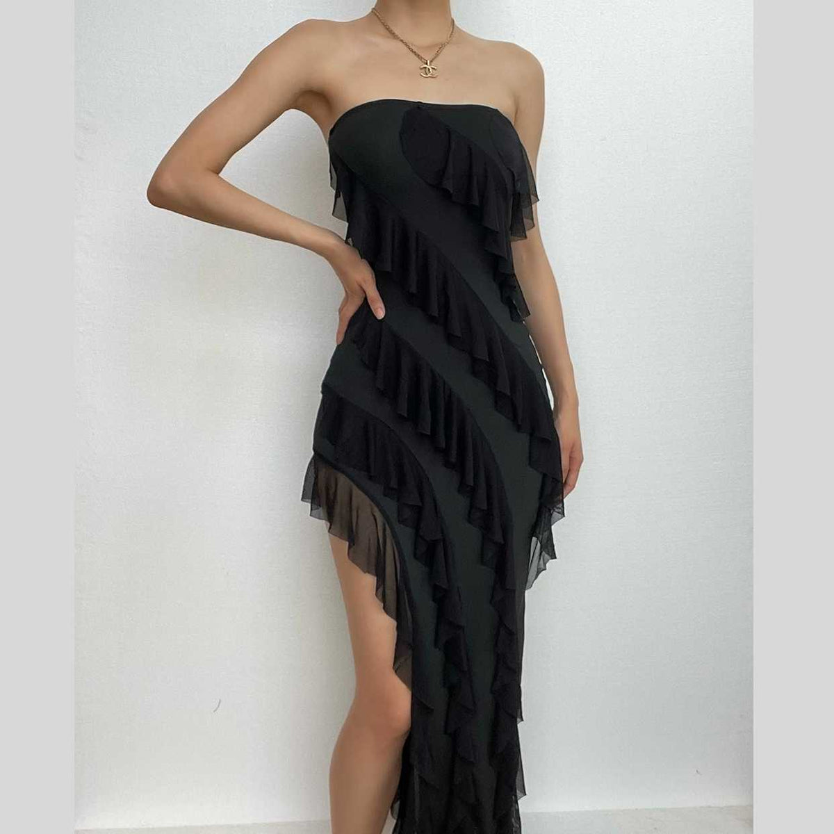 Strapless Tube Diagonal Ruffle Tier High Low Slit Maxi Dress 2