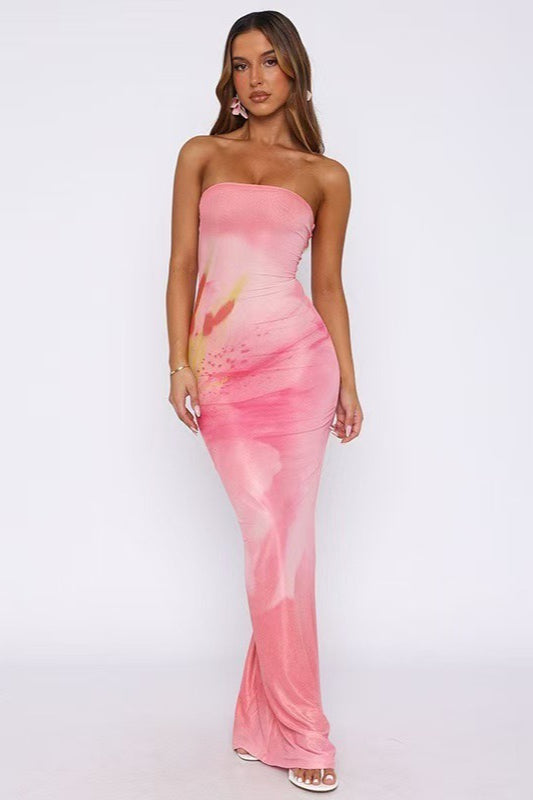 Strapless Oversized Floral Print Bodycon Floor Length Maxi Dress 4