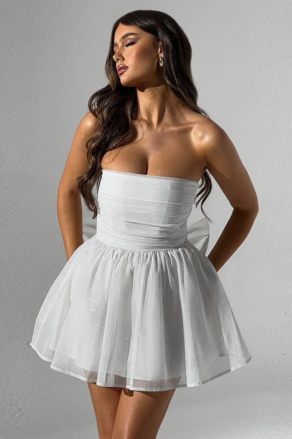 Strapless Glitter Mesh Ruched Bodice Bow Back Tiered Mini Mini Dress