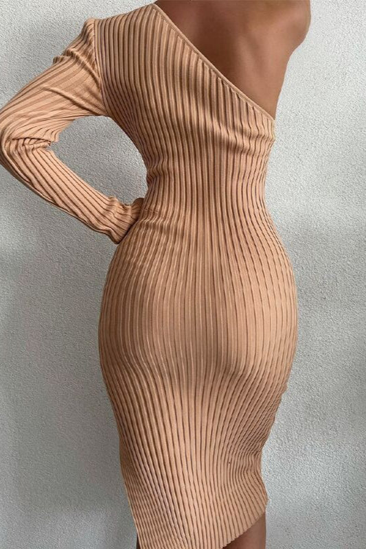 Ribbed Knit One-Shoulder Long Sleeve Slit Bodycon Mini Sweater Dress