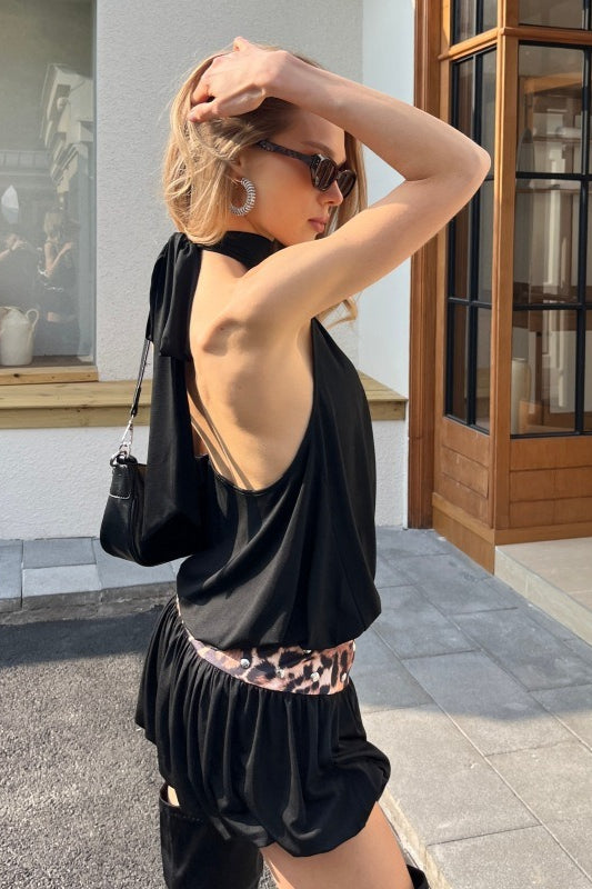Halter High Neck Studded Waistband Bubble Hem Tulip Skirt Mini Dress 3