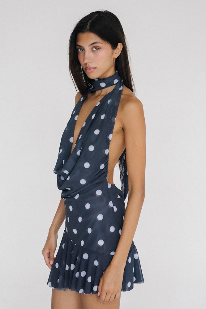 Blue Halter Cowl Neck Scarf Tie Polka Dot Mesh Mini Dress 2