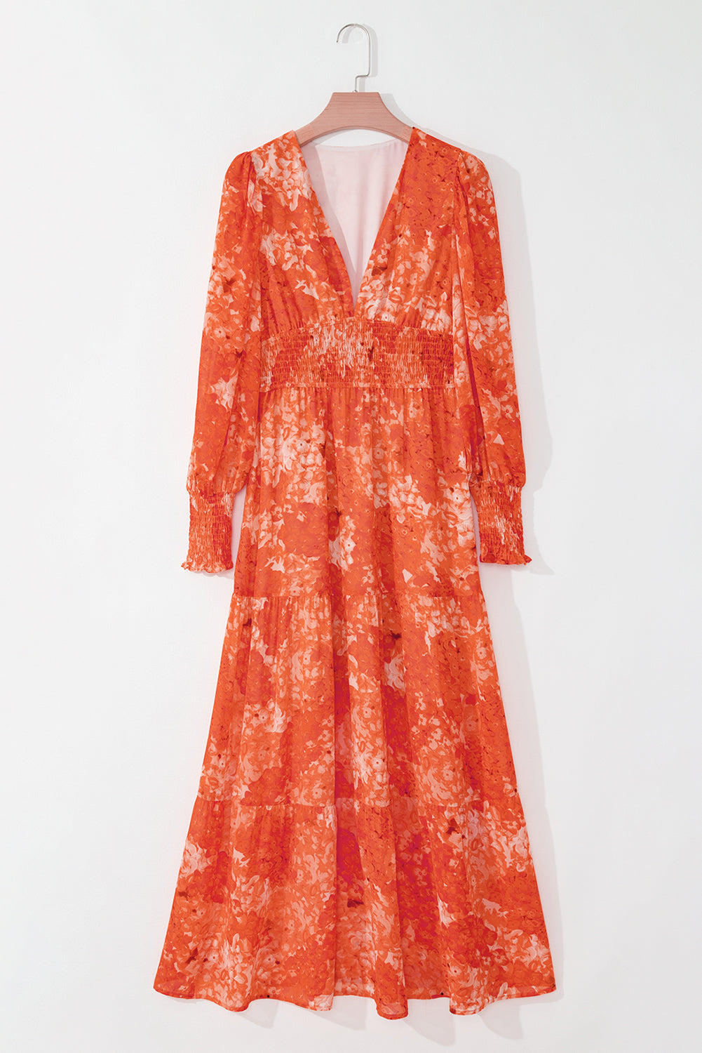 Floral Print Smocked Waist V-Neck Bishop Sleeve Tiered Maxi Dress 3